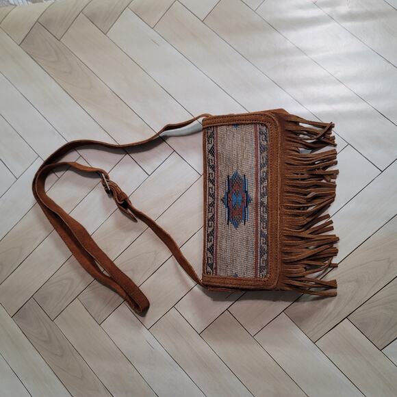 Minnetonka Suede Tan and Brown Fringe Crossbody Bag - Picture 16 of 16